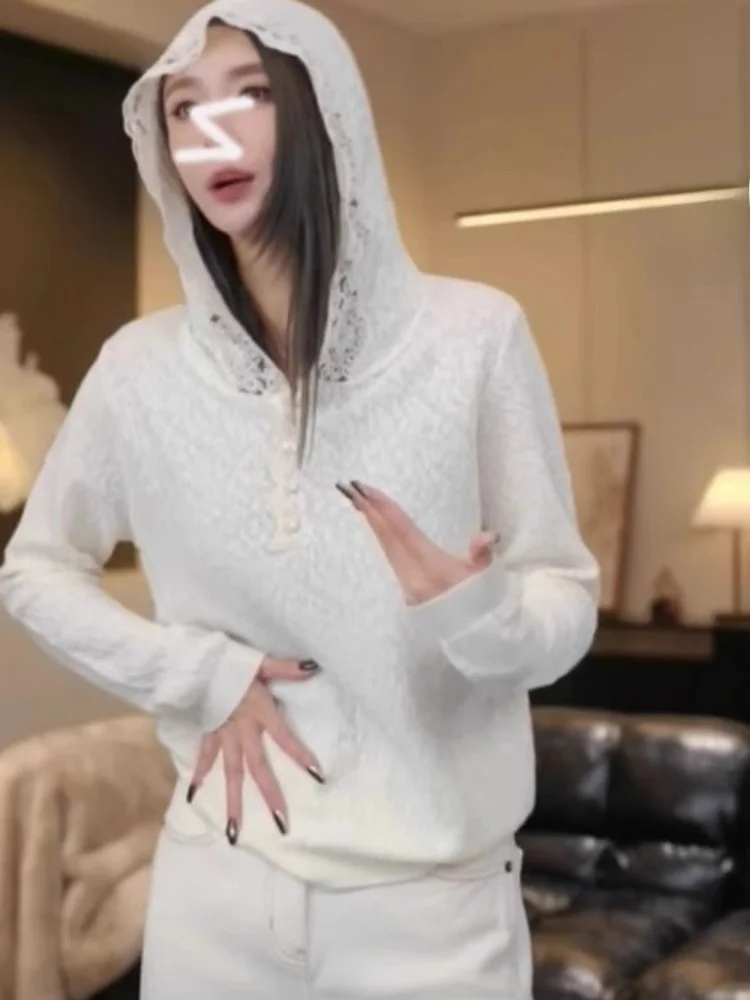 Top lavorato a maglia con design a giunture in pizzo con cappuccio Dimagrante Versatile Faion Long Sve Capispalla coreano Sle Loose Fit Regular Sve