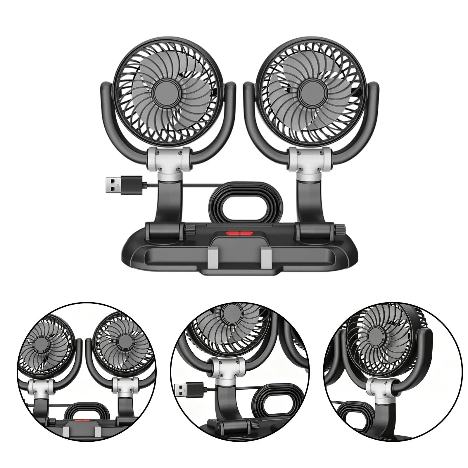 

Автомобильный вентилятор с двумя головками, 12В, USB, с держателем для телефона, 3 скорости, тихий, мощный, вращение на 360 градусов, портативный, для охлаждения в автомобиле или на столе