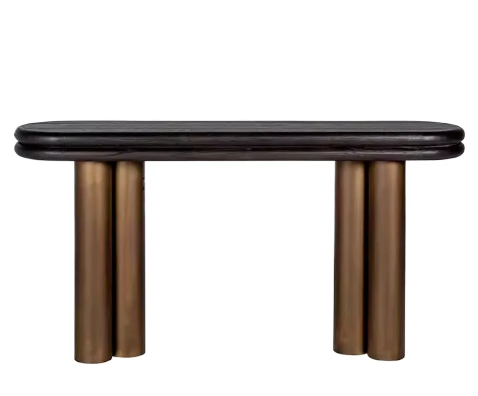 Hot-selling home furniture, solid wood countertops, bronze cylindrical stainless steel leg entrance table, living room