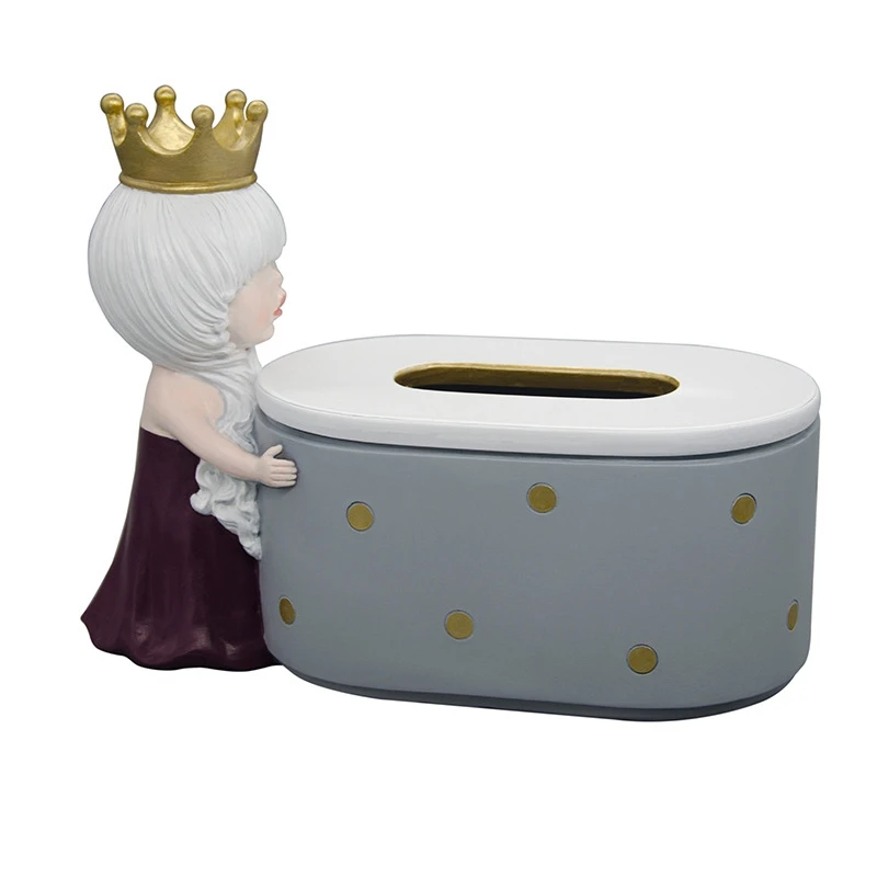 

Resin Crown Girl Sculpture Tissue Box Paper Storage Figurines Nordic Napkin Organizer for Home Living Room Decor - Gray