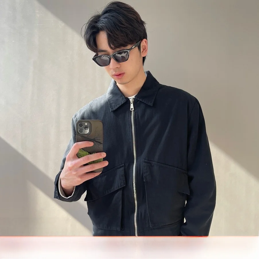 

Men's Cotton Canvas Jaet Spring New Sle Waed Pearl Flower Stand Collar Lightweight Workwear Zipper Closure Color