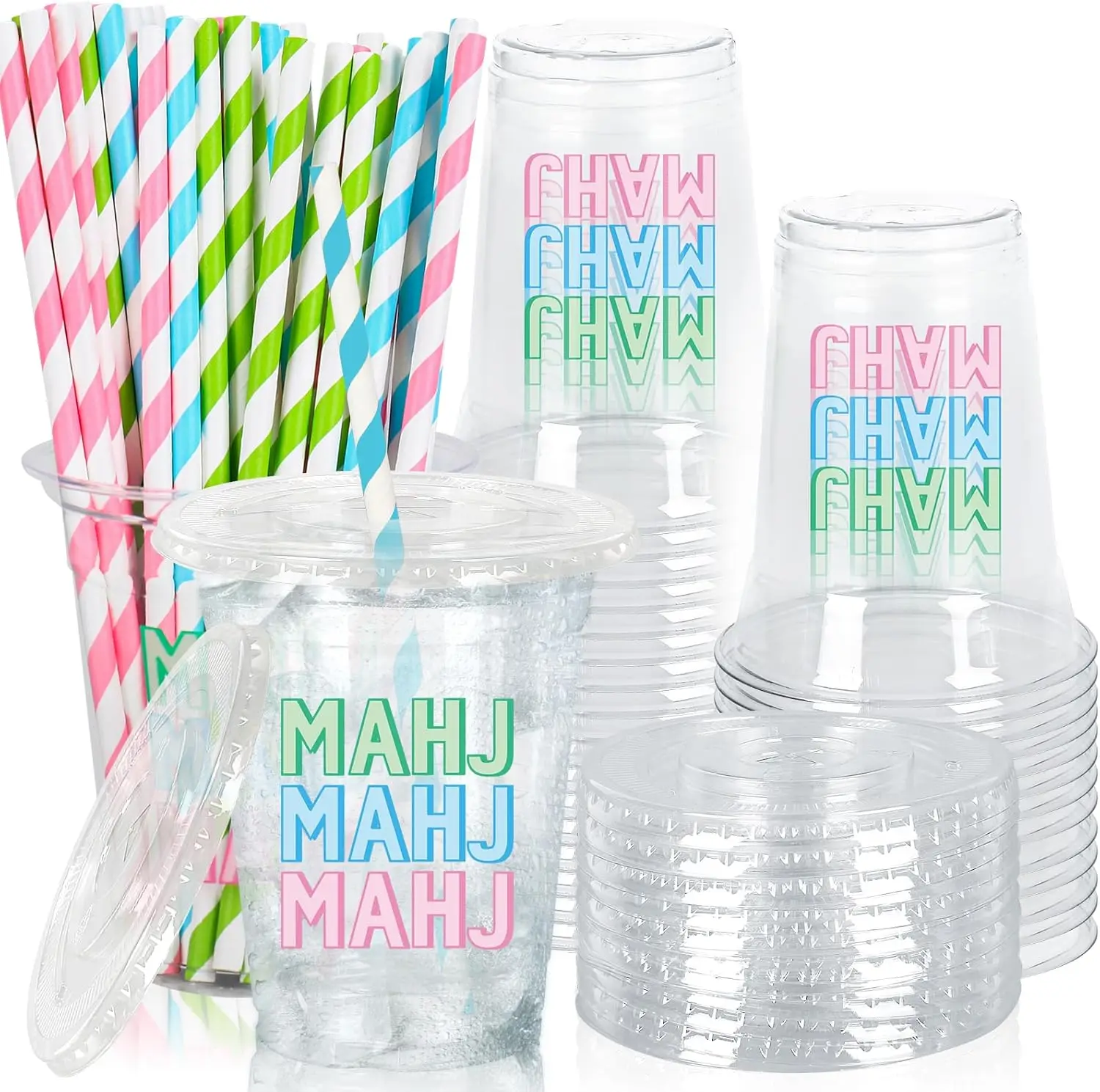 

50Pcs Mahjong Plastic Cups with Lids Straws Drinking Cup 12oz Green Blue Pink Mahj Disposable Cups for Game Night Birthd