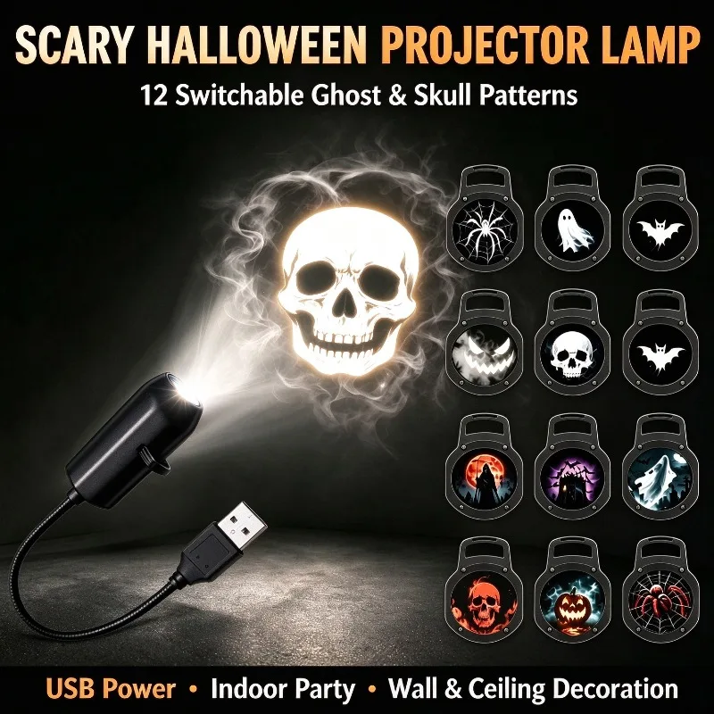 Halloween Indoor Decoration LED Projector Lamp USB Powered Ghost Skull Switchable Pattern Night Light for Wall & Ceiling