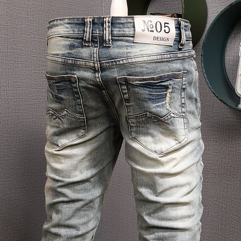 Fashion Designer Men Jeans Retro Washed Elastic Slim Fit Ripped Jeans Men Casual Stretch Trousers Vintage Denim Pants Hombre