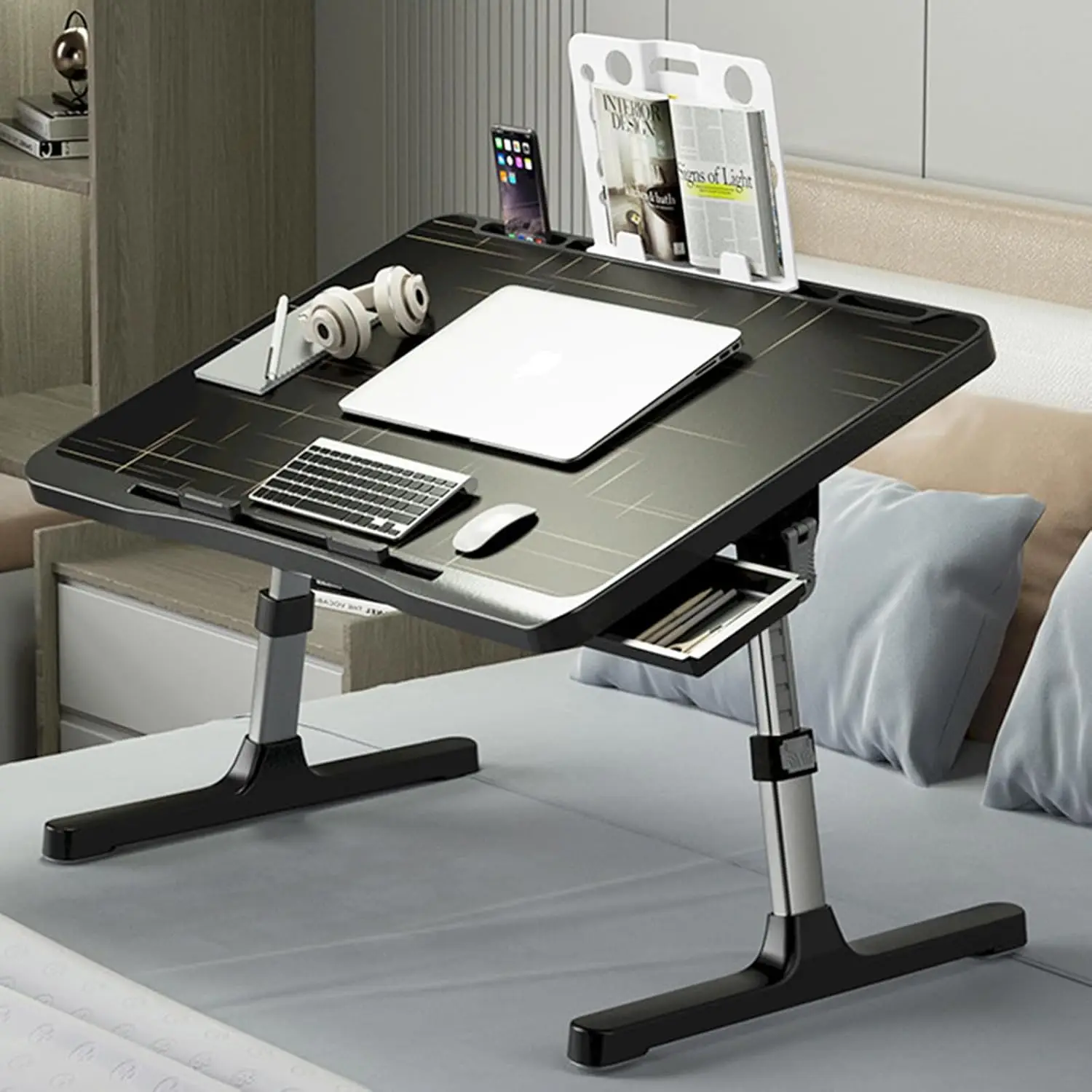 

Adjustable Laptop Bed Table with USB Port, Storage Drawer, Foldable Design for Working and Reading