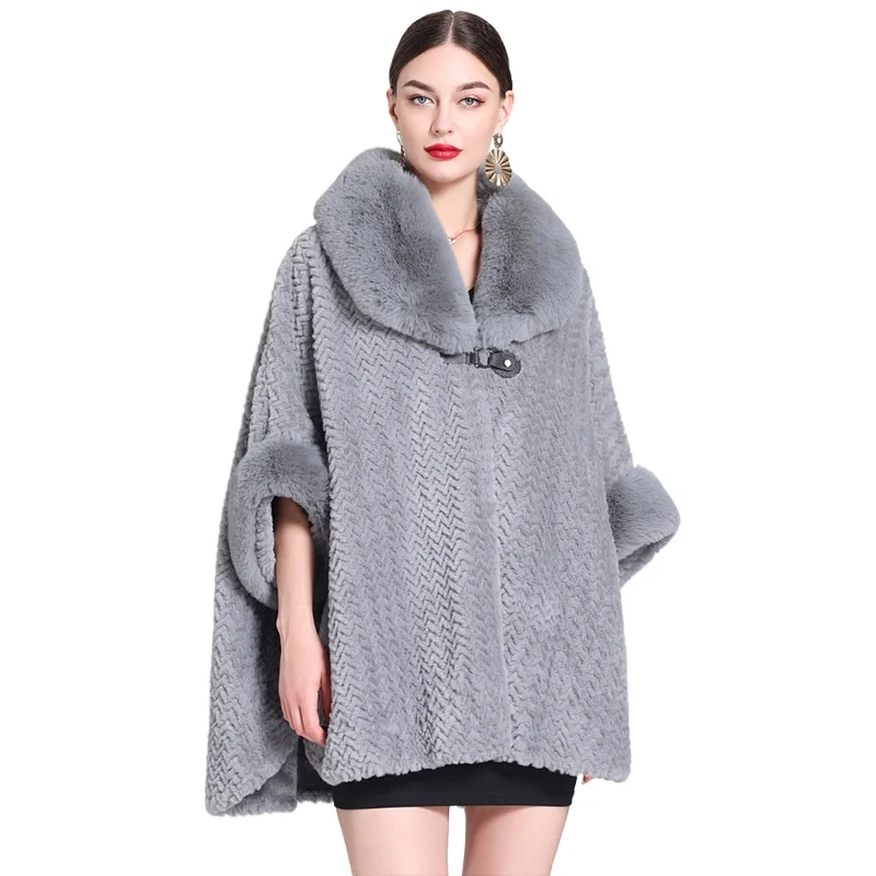

Зимнее пальто с воротником из искусственного кроличьего меха, модная женская теплая шаль, дизайнерский утепленный длинный кардиган-пончо, пальто