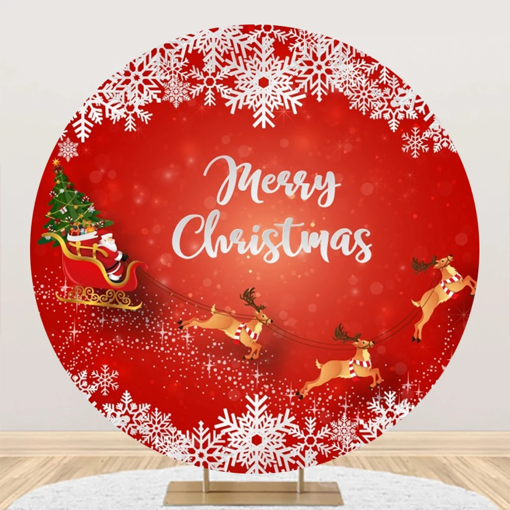 Christmas Round Backdrop Cover Red Bell Glitter Spot Snowflake Xmas Tree Kids Family Party Christmas Background for Photography