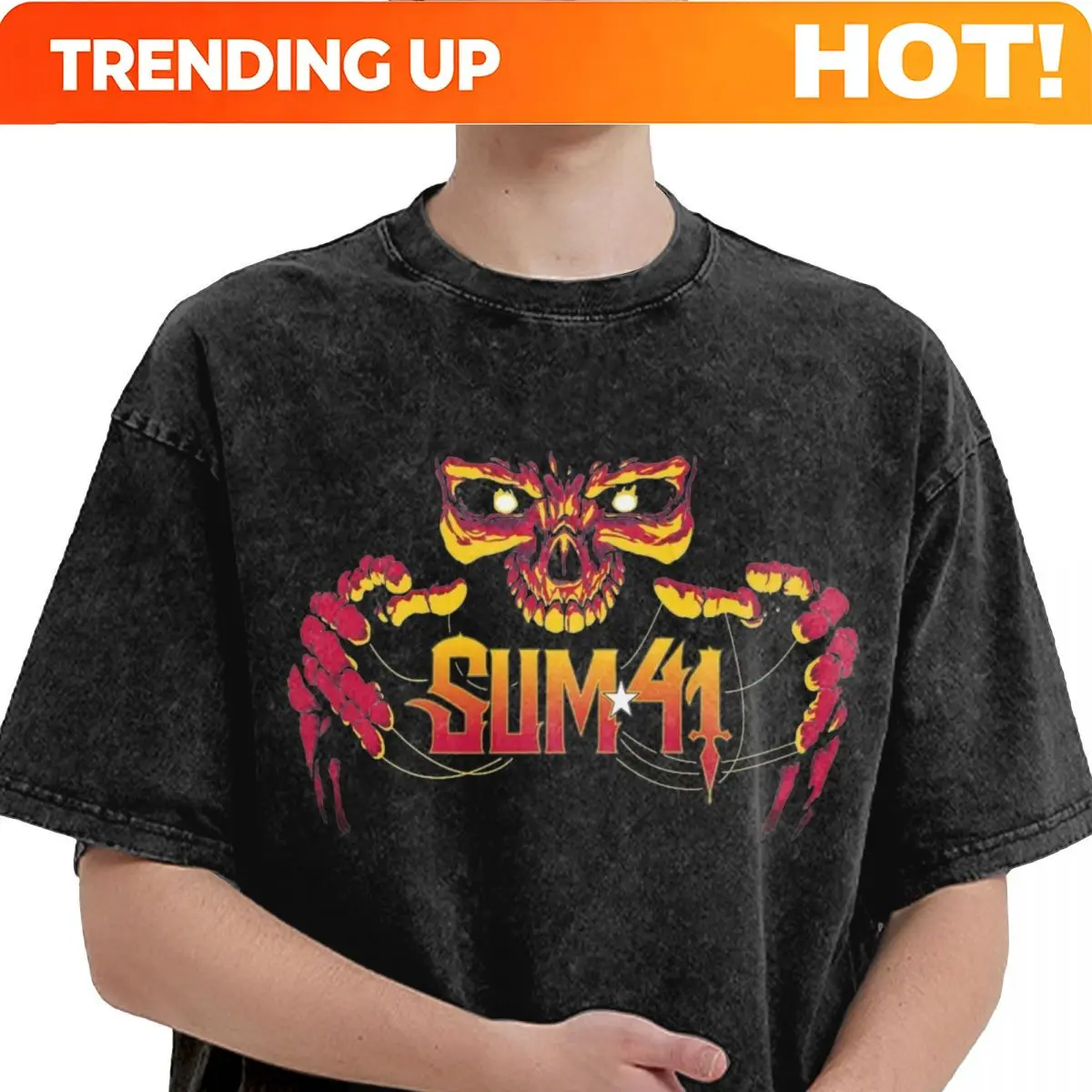 Custom Couple T-Shirt The Skull With String Sum 41 Band Washed T-Shirts Popular SUM41 Punk Summer Tee Shirt  Simple Cotton