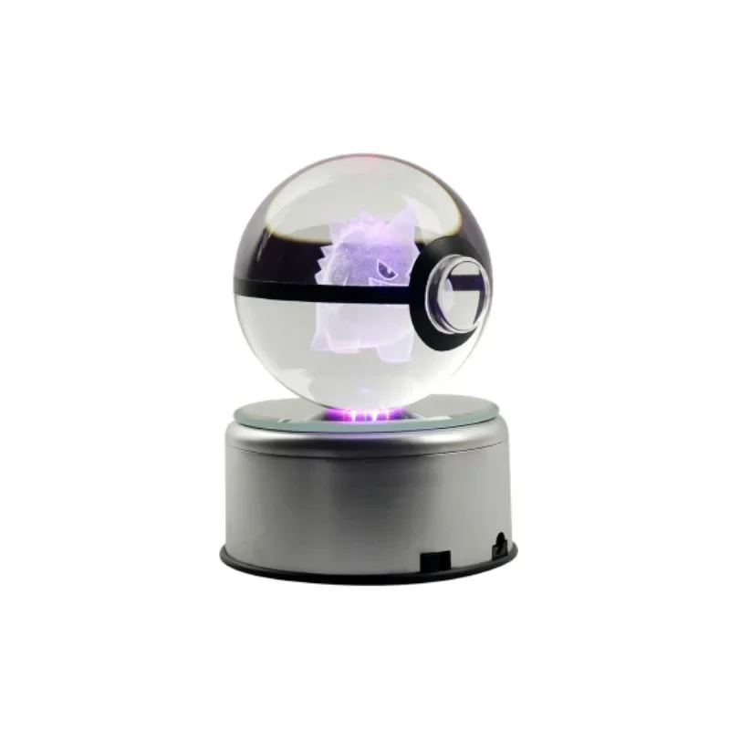 Anime Pokemon Gengar 3D Crystal Ball Pokeball Engraving Crystal Anime Figures Model with LED Light Base Kids Toy ANIME GIFT