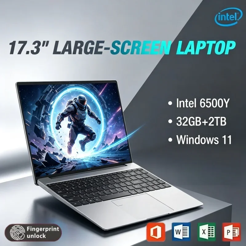 17.3 Inch Big Screen Laptop Intel 6500Y Win11 32GB RAM 2TB SSD Fingerprint Unlock For Family Entertainment & Document Work