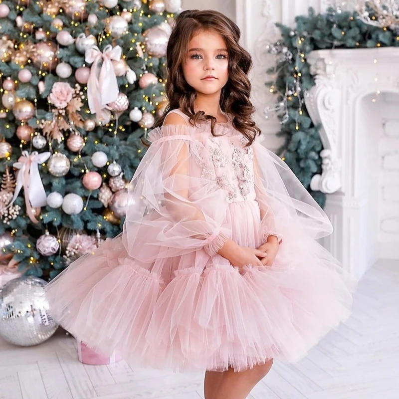 Elegant Pink Flower Girl Dress Tulle Puffy Beading Applique Knee Length For Wedding Birthday Party Pageant First Communion Gowns