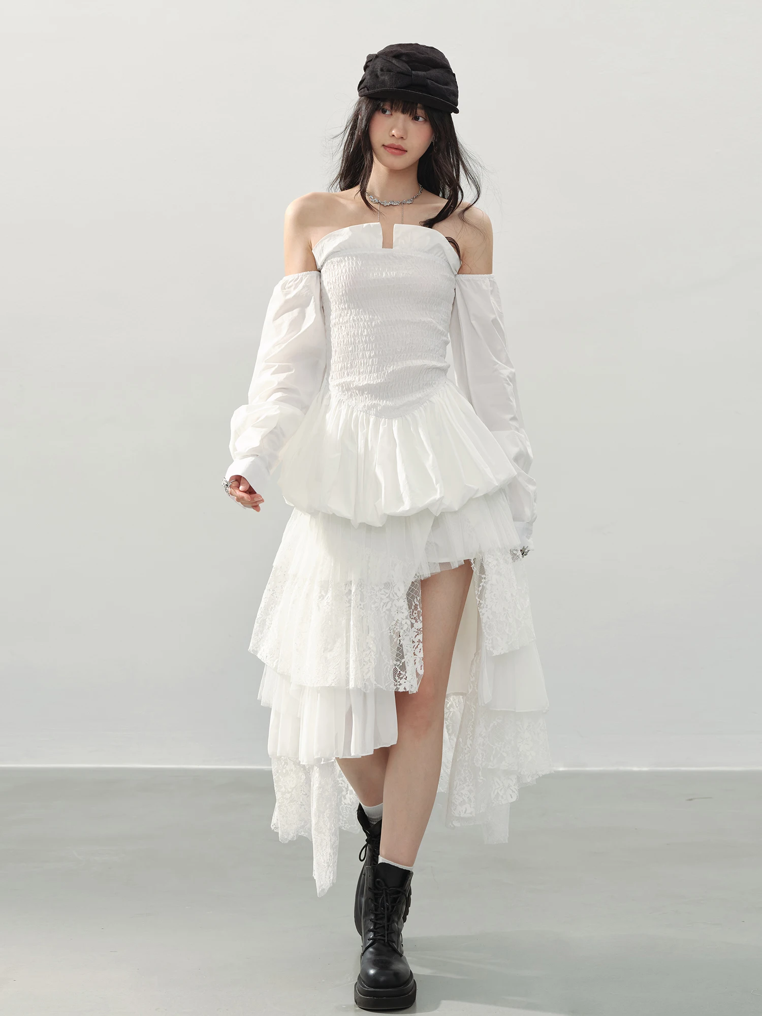 

Белая многослойная блузка Ddgirl с открытыми плечами и рукавами-фонариками, с оригинальным дизайном, подолом в форме бутона цветка, в стиле принцессы, женская