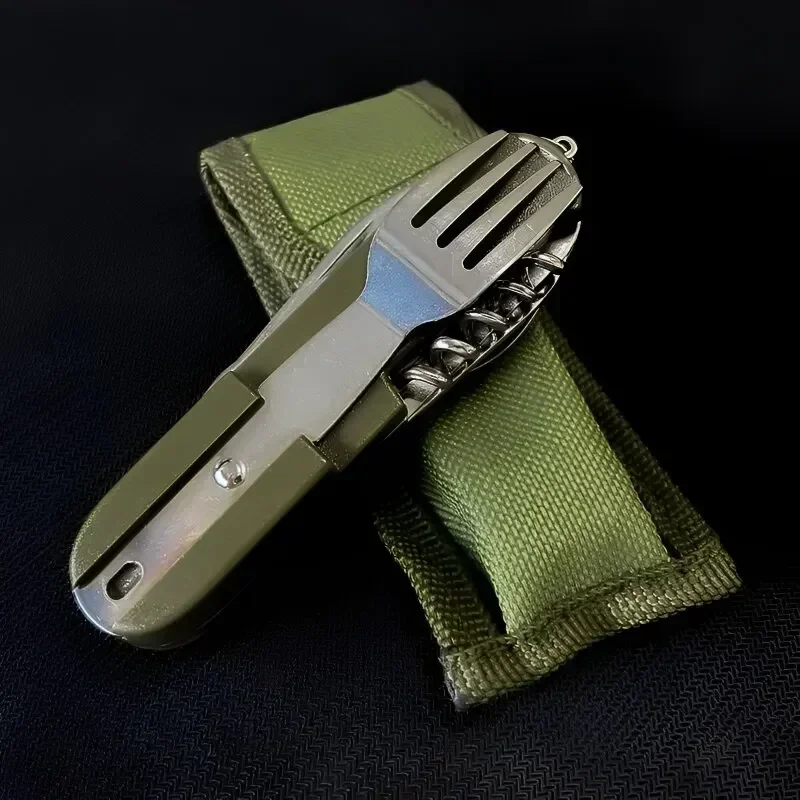 2024 Outdoor Portable Army Green Folding Camping Cutlery Knife Fork Spoon Bottle Opener Tableware Stainless Steel Pocket Cutlery