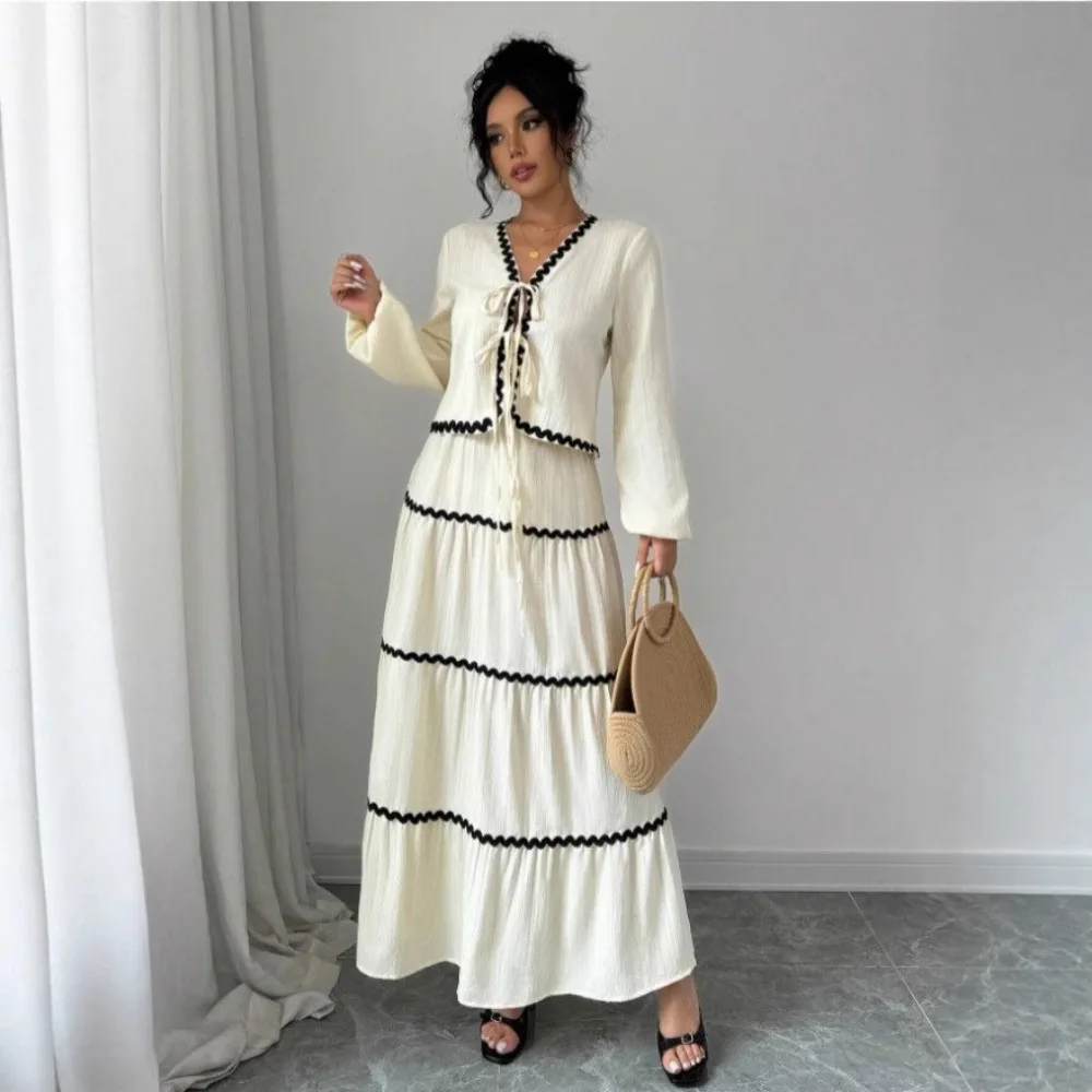 

Women 2 Piece Outfit Set Lace Trim Bow Tie V Neck Long Sleeve Blouse Tiered Ruffle Maxi Skirt Casual Bohemian Style Daily Outfit