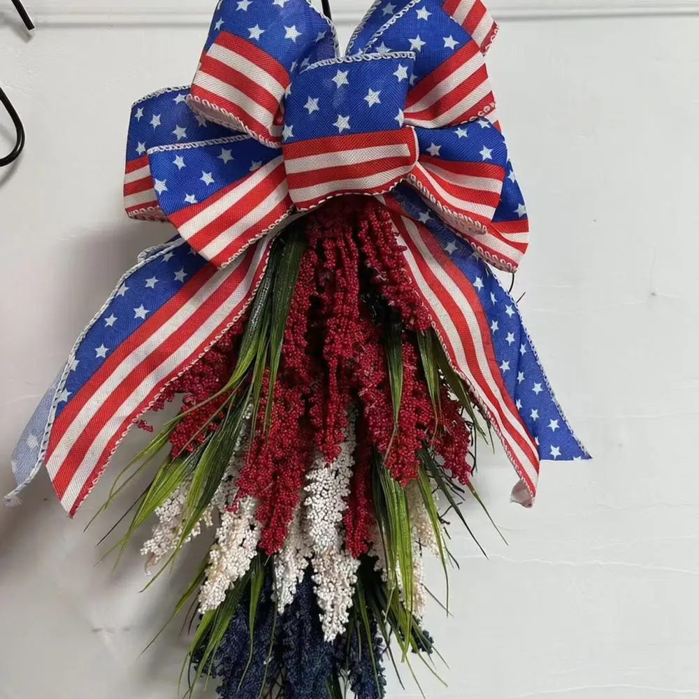 Memorial Day Patriotic Wheat Swag Wreath Red White Blue Floral Garland For Front Door Wall Entryway Home Holiday Decoration