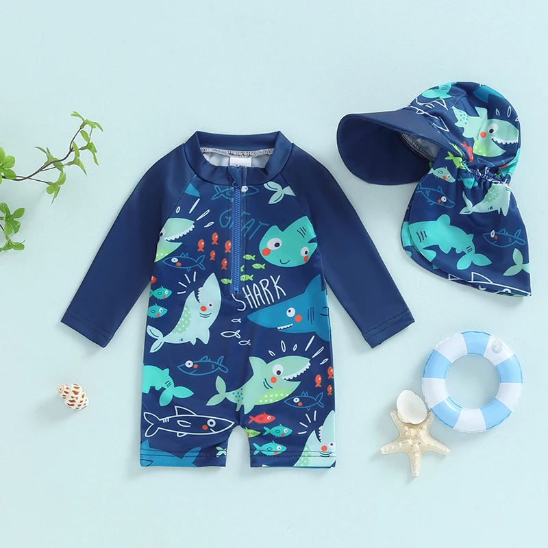 Toddler Boy Rash Guard Swimsuit with Hat 2 Pcs Set Fish Shark Pattern Zip Up Long Sleeve Crew Neck Baby Boy Swimwears