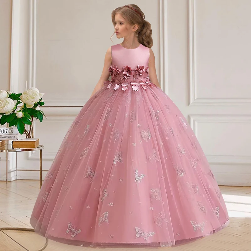 

Girls' formal communion beads large bow lace dress new flower girls' birthday party Sequin waist length dress vestidos