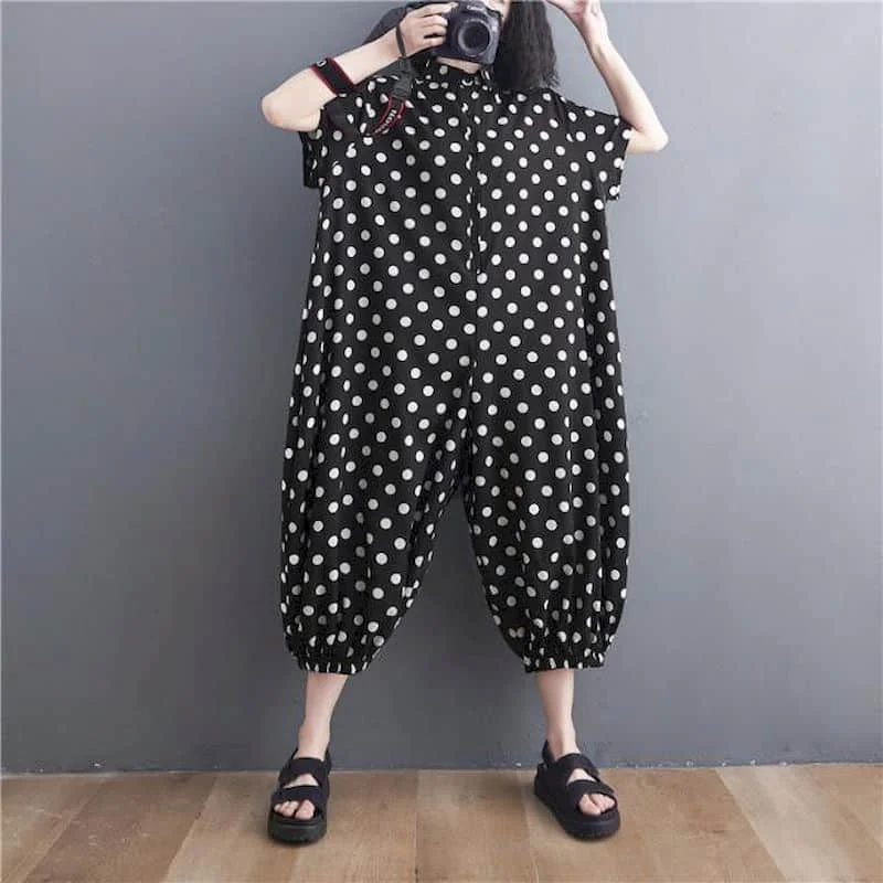 Oversize Piaysuit Casual Jumpsuit New Summer Loose Short-sleeved Jumpsuit LOOSE Casual Dot Printing Korean Style Women Clothes