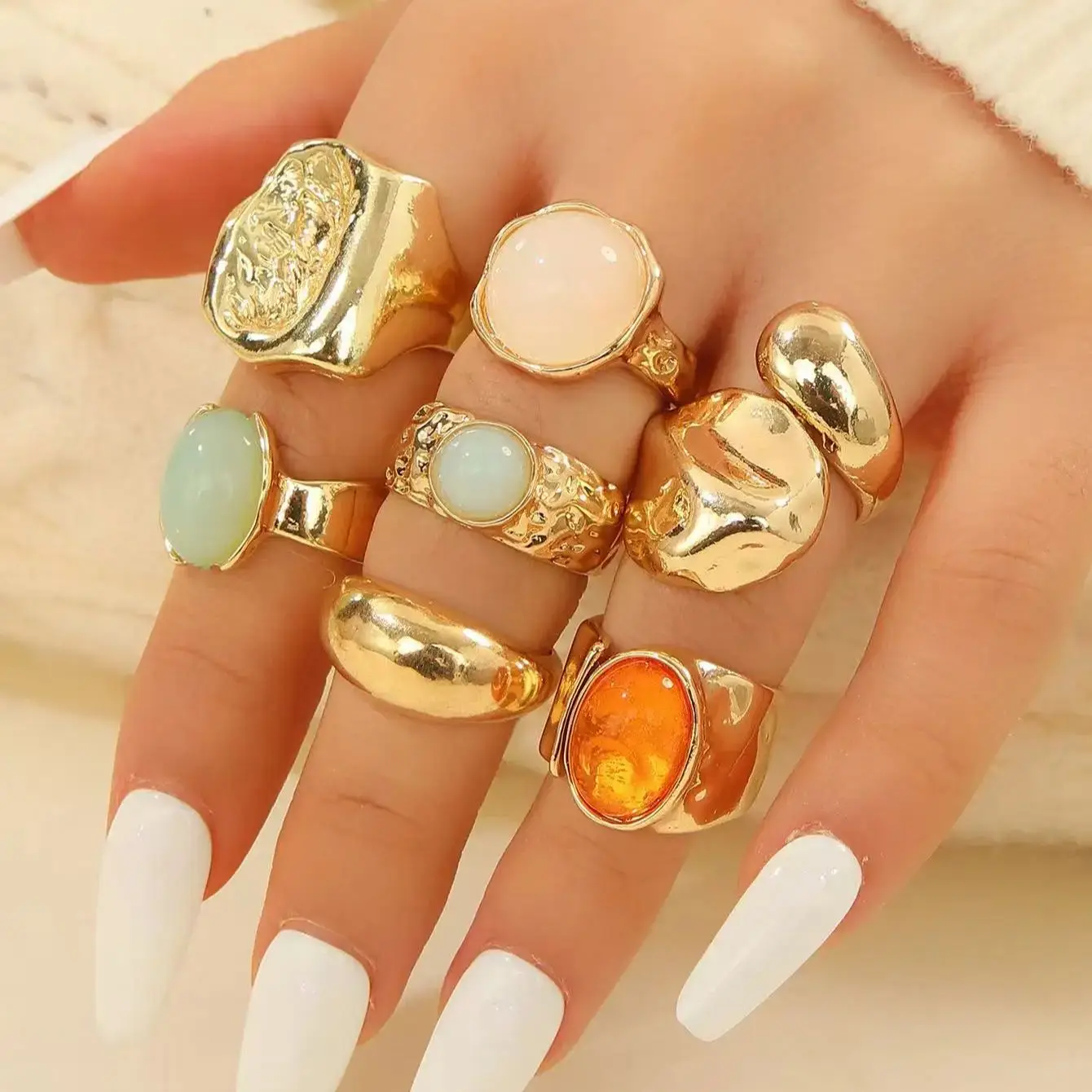 7PCS Luxurious Gold Geometric Irregular Women's Ring Set, Punk Style Fashionable Daily Wear With Multiple Options To Choose From