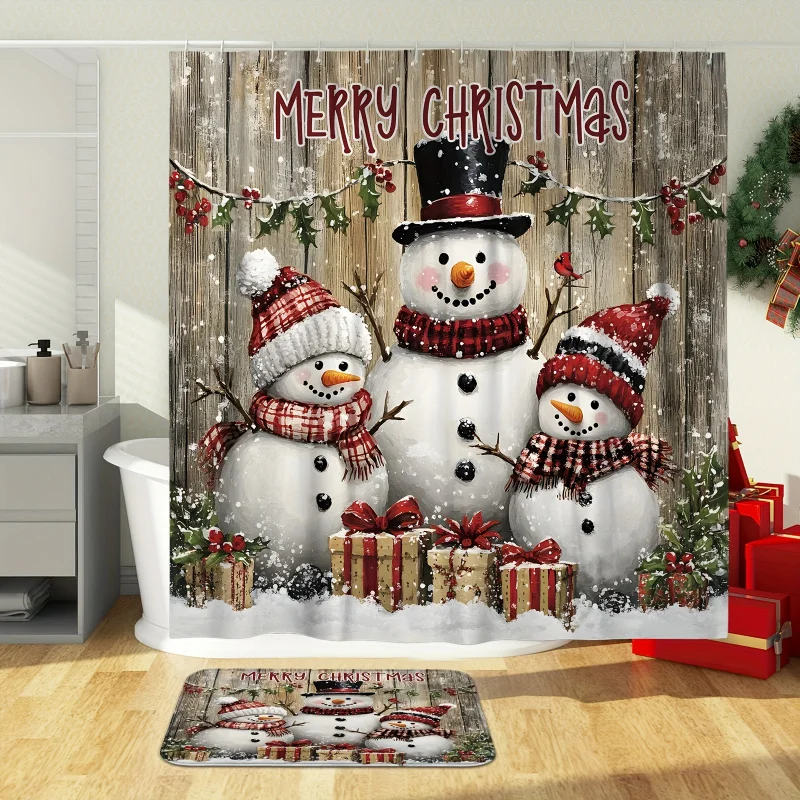 1/4pcs merry christmas winter set snowman santa's hat cute white red shower curtain waterproof polyester washable