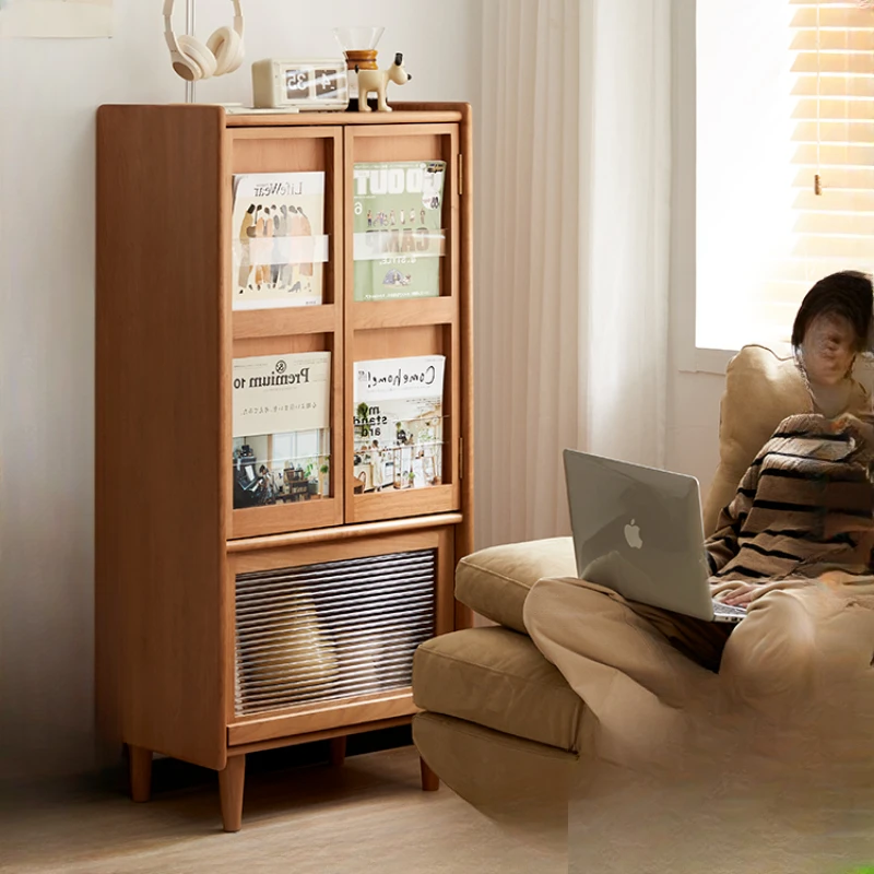 

Cherry wood bookshelf, solid small unit storage, natural style magazine bookshelf side cabinet