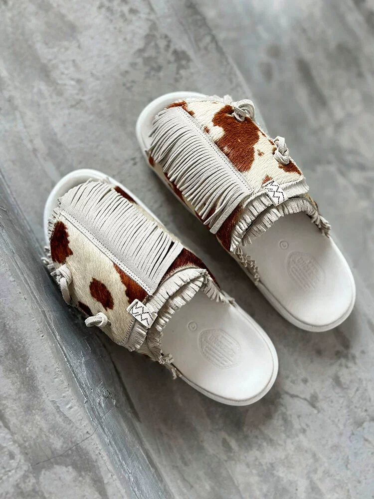 VISVIM new summer thick-soled horse hair leopard print deodorant tassel bread net celebrity slippers