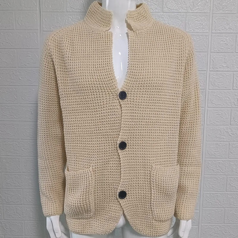 

Big Size Mens Knitted Cardigans 2025 Spring Fashion Stand Collar Buttoned Sweater Jackets Men Vintage Solid Color Slim Sweaters