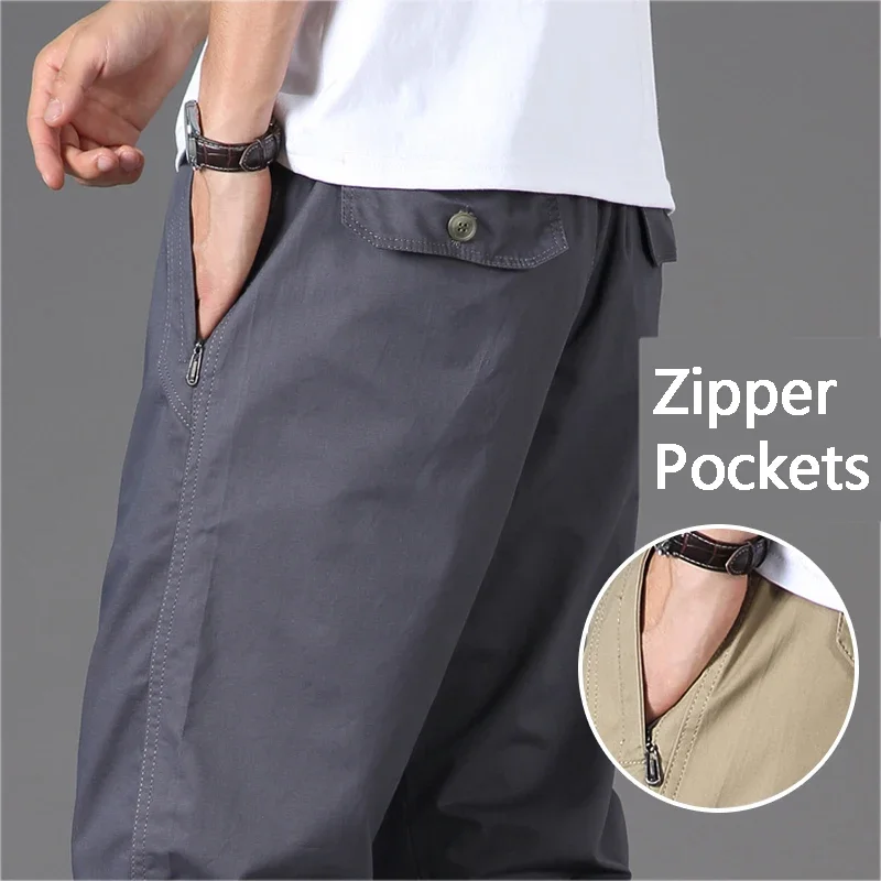 Pantalones informales con bolsillos y cremallera para hombre, Pantalón de algodón de alta calidad, cintura elástica, utilitario deportivo para el