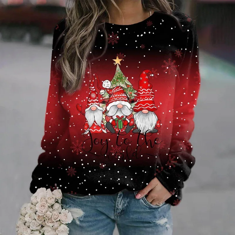 2024 European and American women\'s Christmas themed 3D printed loose knit long sleeved fashionable high-end T-shirt