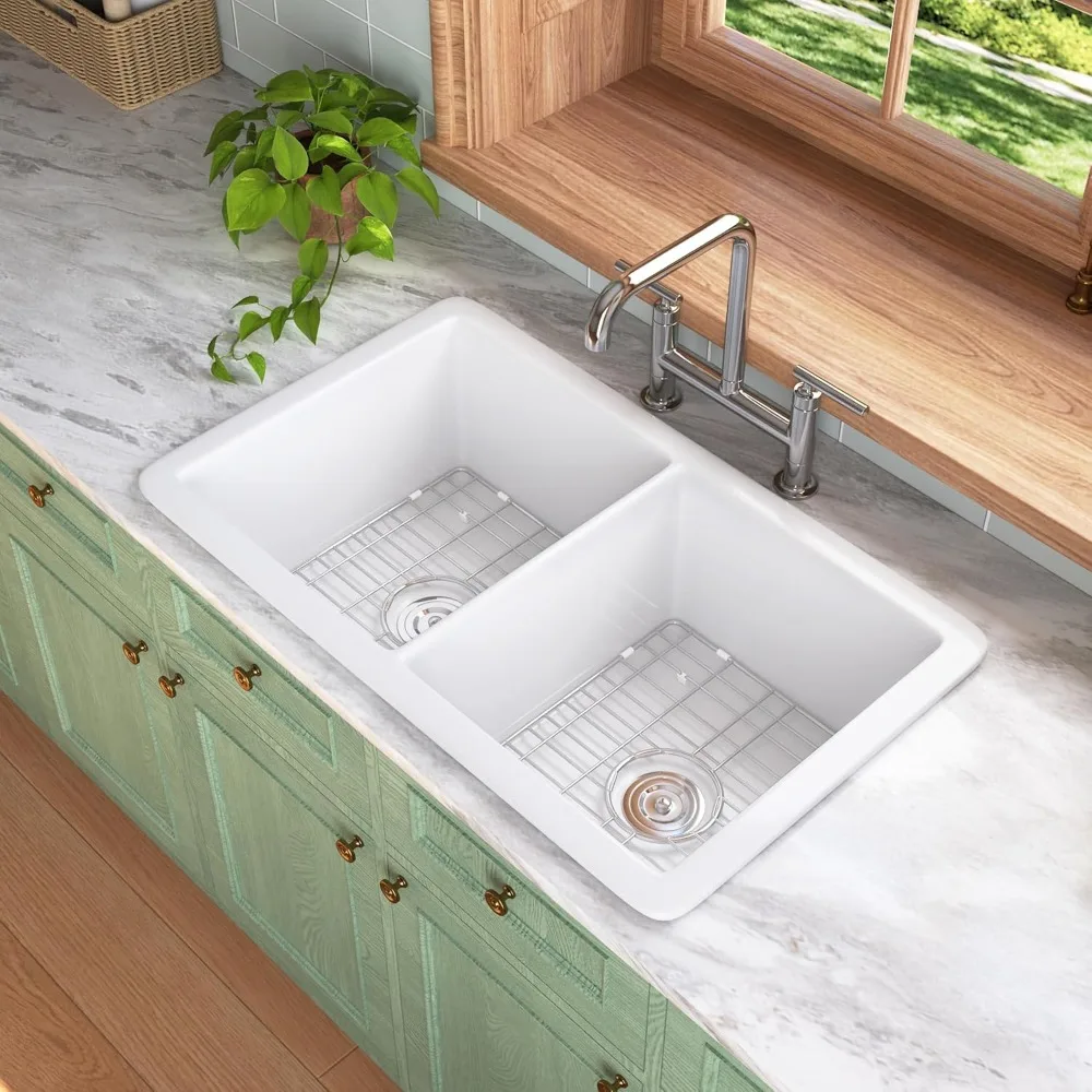 

Deer Valley 32 x 20 Fireclay Double Bowl Undermount Kitchen Sink, White Deep Modern Design with Grid