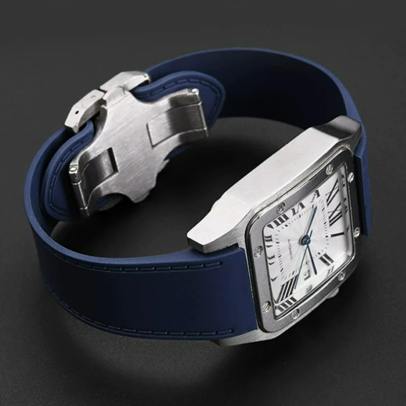 For Cartier Santos Sandoz 100 Large Silicone Rubber Watchband High Quality Soft Comfortable Waterproof Sweatproof 23mm 25mm