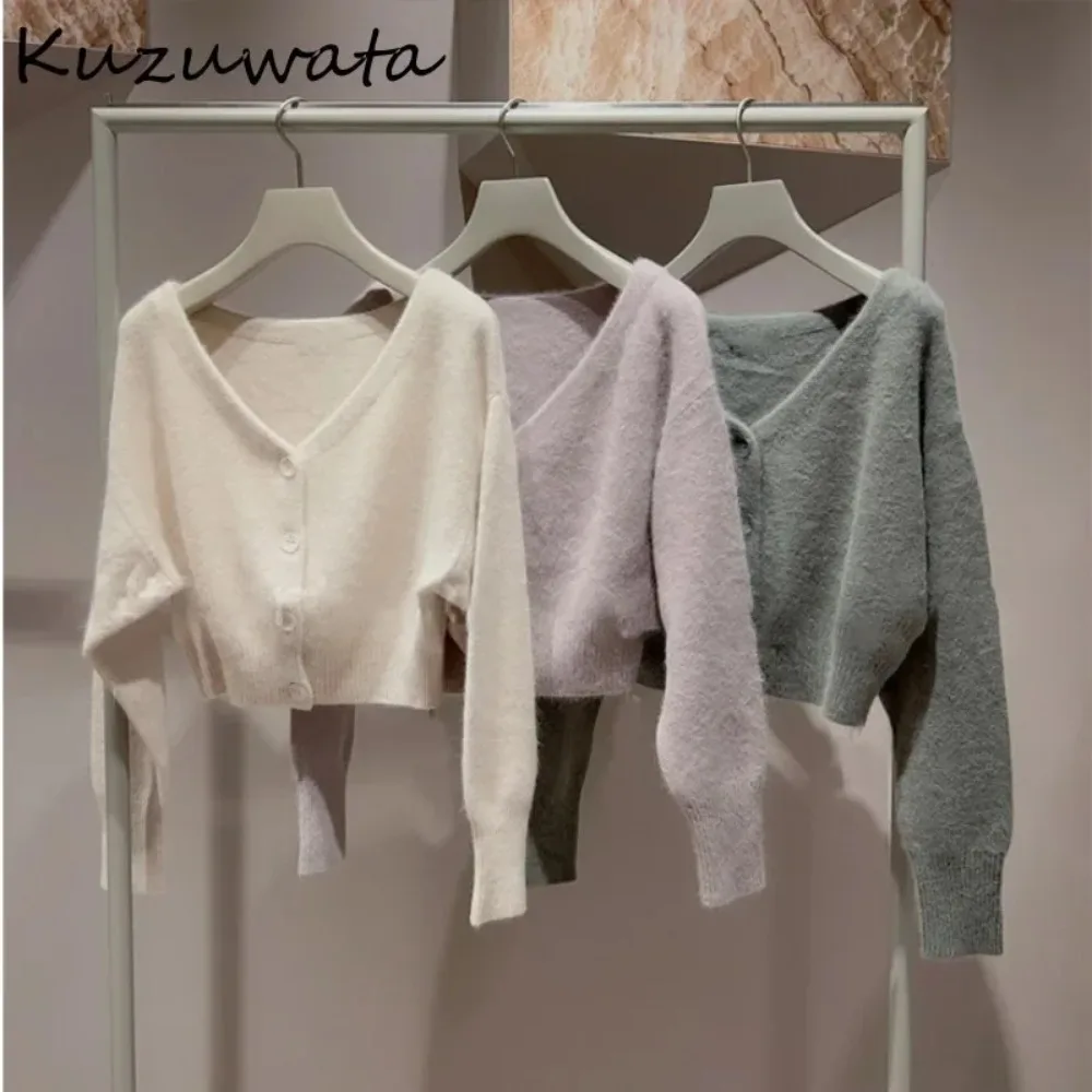 Kuzuwata Japanese New V Neck Long Sleeve Tops All-match Single Breasted Solid Casual Cardigan Knit Elegant Sweet Woman Sweaters