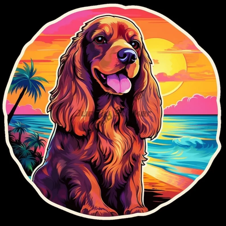 Vinyl Sticker Cocker Spaniel Chillin’ on An Ocean Beach During Beautiful Sunrise Waterproof  Animal Water Bottle DecalDecoration