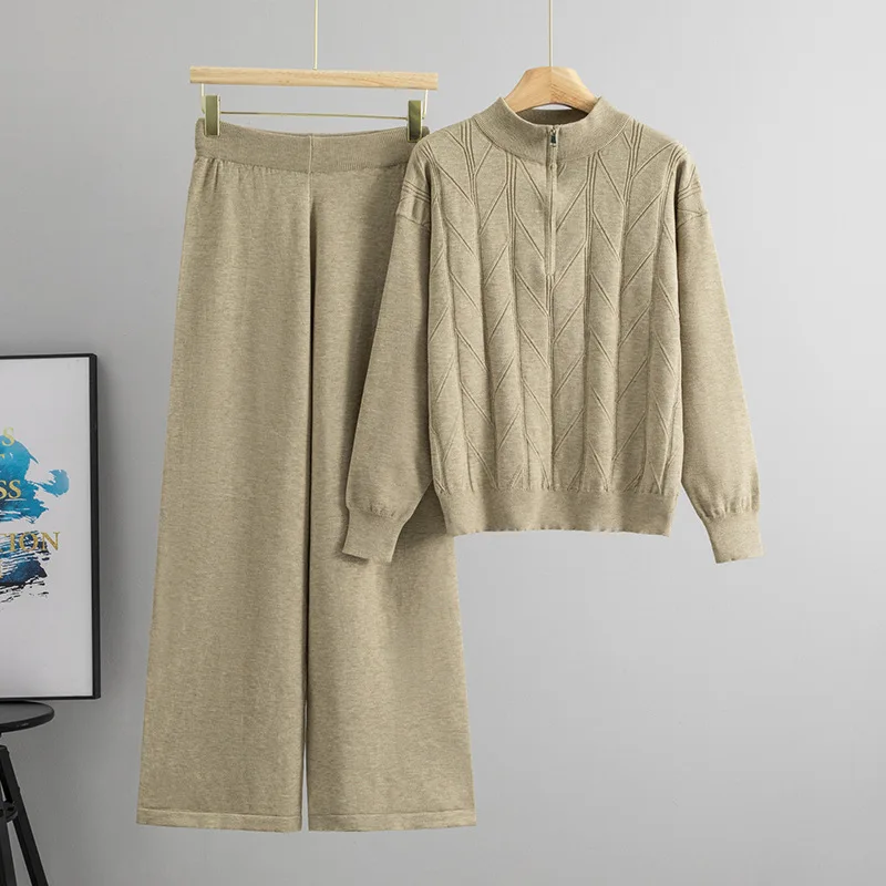 Pullover Sweater Women 2 Piece Set Knitted Top Wide Leg Pants Outfits Zipper Autumn Winter Jumper Suit Knit Trousers Ensemble