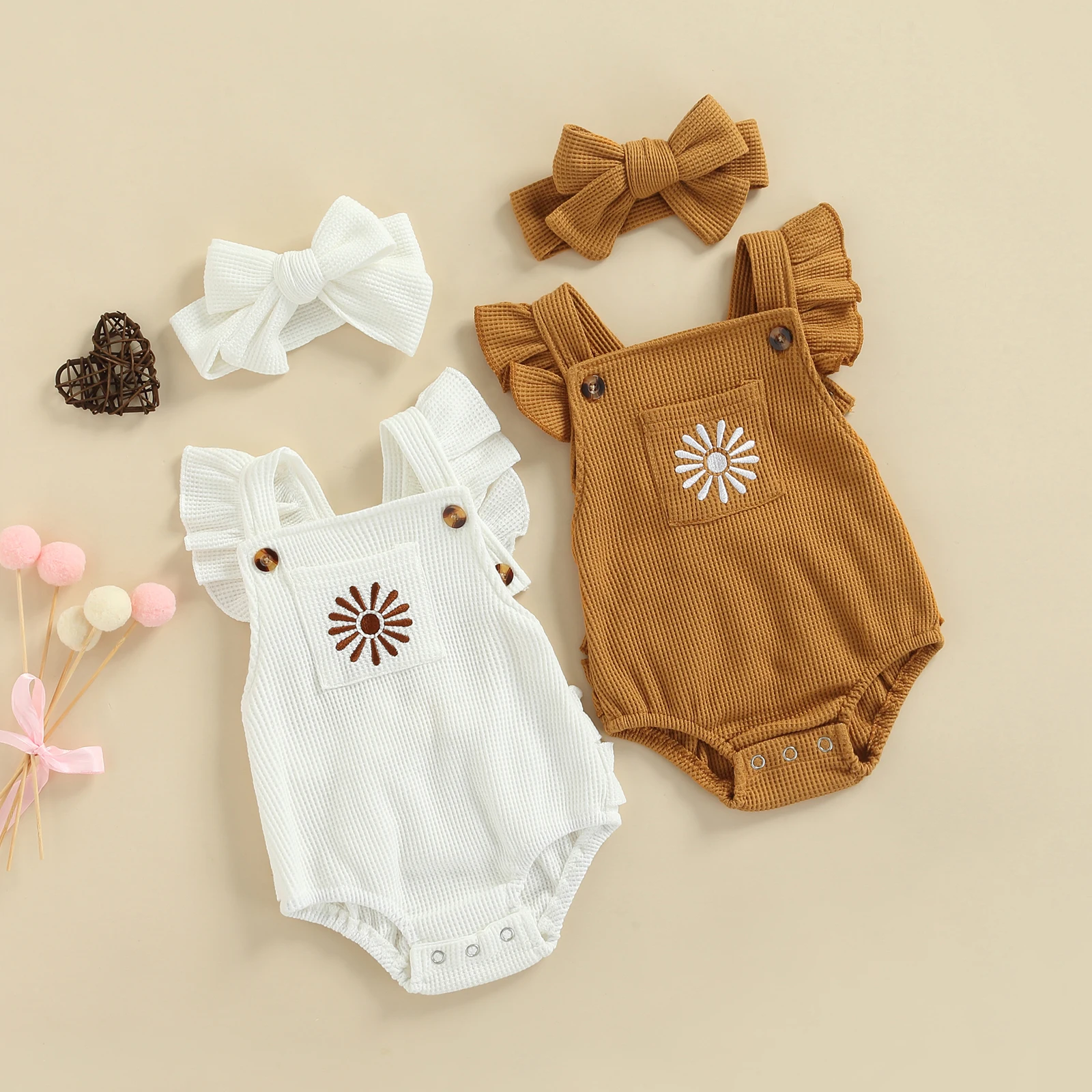 Infant Baby Girl Romper Floral Pattern Ruffle Sleeve Bottom Snap Jumpsuit with Solid Color Hair Accessories