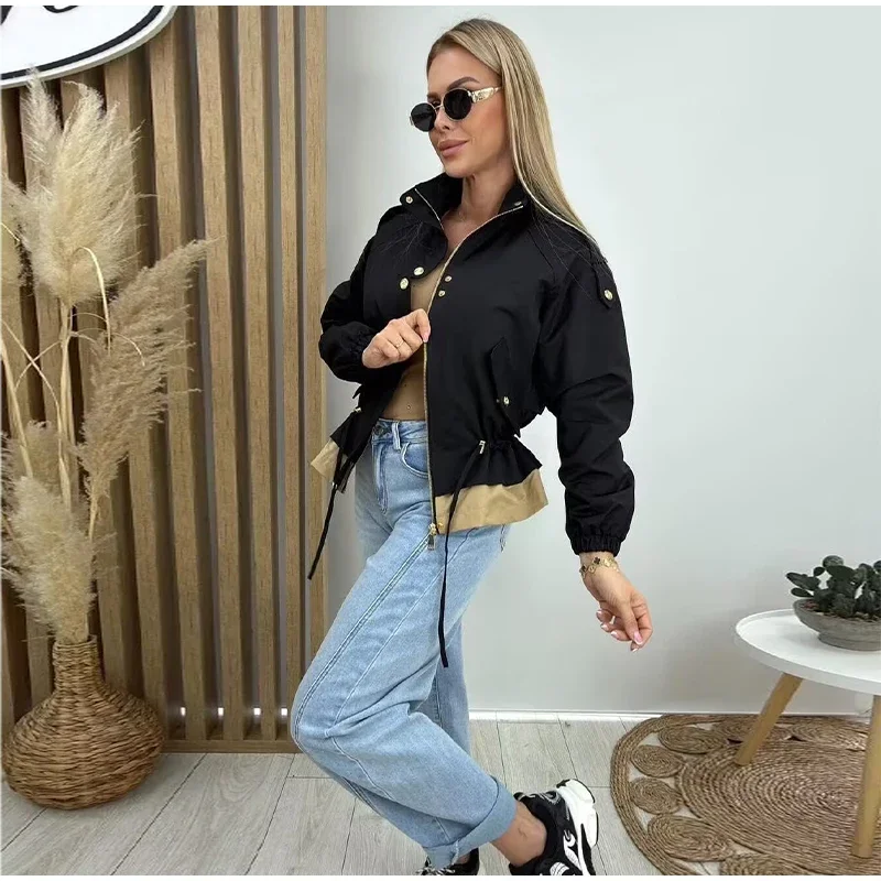 Damen-Oversize-Mäntel mit Kordelzug in der Taille, Stehkragen, Epauletten, Langen Ärmeln, Knopfleiste, Lose Jacken, Schicke Neue Oberbekleidung für Damen – Detail 14