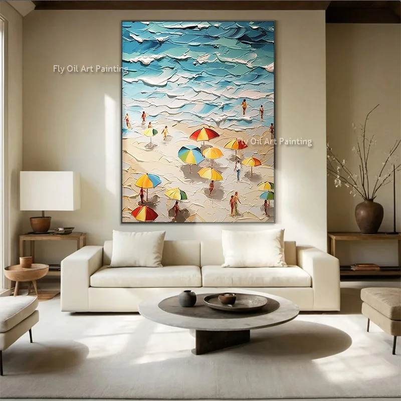 People Play On Beach Knife Thick Oil Painting Handmade Sea Scape Canvas Painting Sea Artwork Modern Seawave Wall Art For Decor