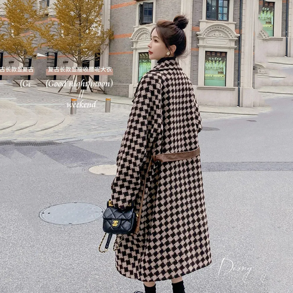 Coffee-colored Houndstooth Woolen Coat Female Long Section 2024 Autumn And Winter New Fashion Hepburn Style Warm Woolen Coat Tid