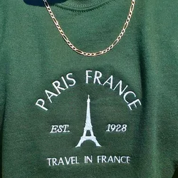 Paris France Eiffel Tower Embroidered Crewneck Sweatshirts Unisex Autumn Thick Long Sleeve Fleece Warm Tops Retro Style Pullover