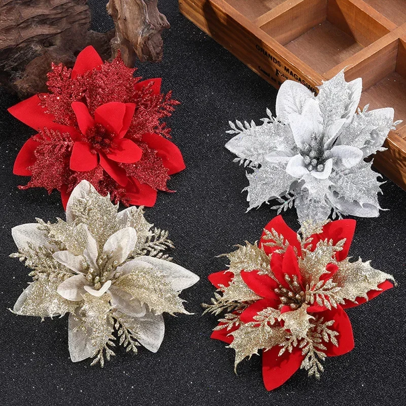 3PCS Christmas Flowers Red Gold Bling Flower Heads for Noel Home Tree Decorations Navidad Party Table Setting Decor Supplies