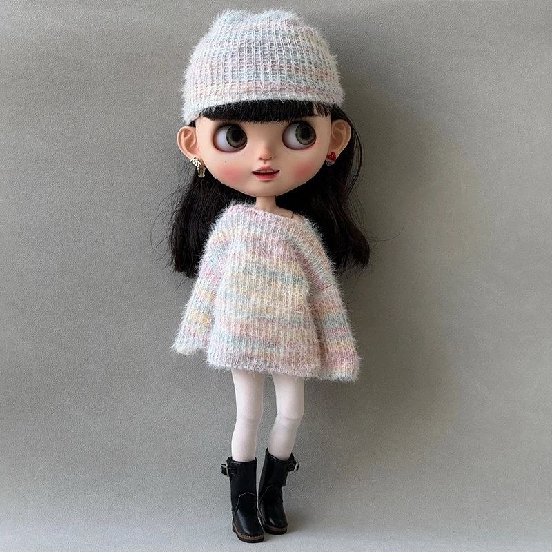 New Design Fashion Blythe Clothes Rainbow Sweater and Knitted Hat Leggings Yoga Pants for Blyth Barbie OB24 OB26 1/6 Doll Outfit