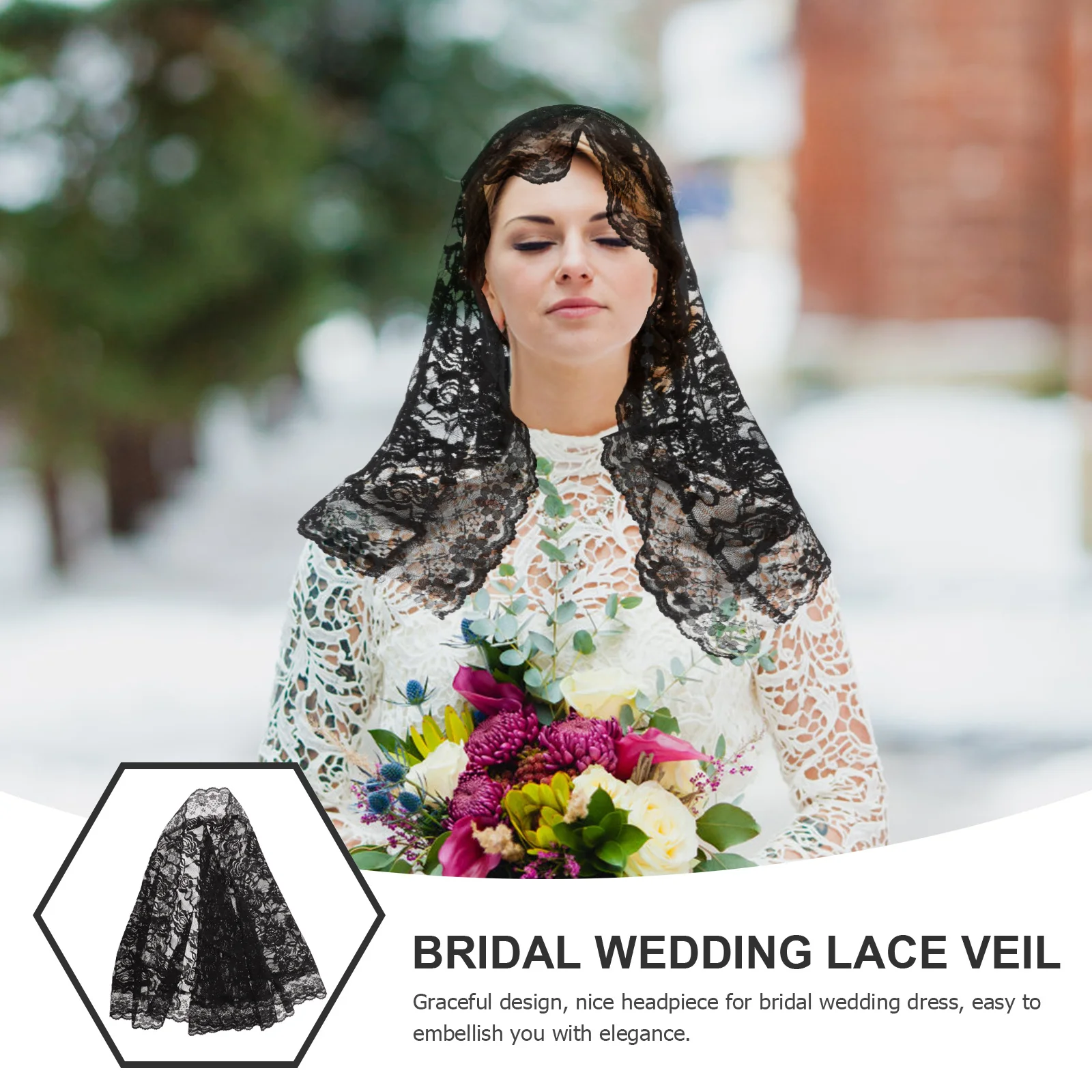 

Black Bridal Lace Veil Elegant Embroidered Tulle Shawl Shoulder Length Bride Headpiece Chapel Veil Wedding Scarf