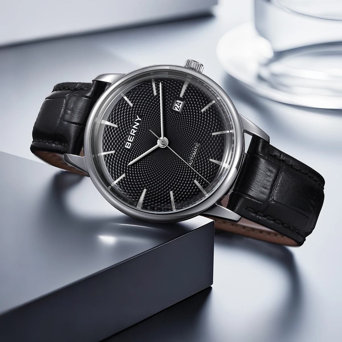BERNY Automatikuhren für Herren, luxuriöse klassische mechanische Herrenuhr, gewölbtes Glas, Kalender, elegante, schlanke Armbanduhr – Detail 12