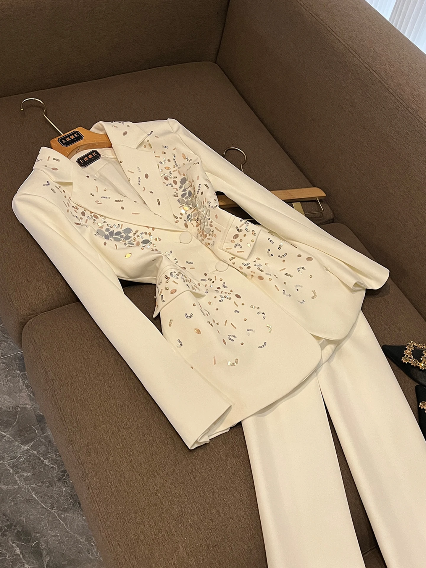 Busin Suit Set High Waist Slim Straight Pants Long Sve Diamond Design Outerwear for Women Commute Faion 2025 Autumn W...