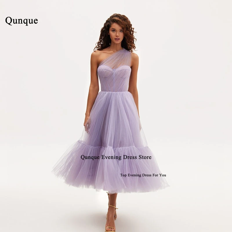 

Qunque One Shoulder Lilac Tulle Prom Dress Vestidos De Gala Tea Length Skirt Ruched Pleat A-line Robes De Soirée Evening Dresses