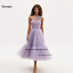 Qunque One Shoulder Lilac Tulle Prom Dresses Customized Vestidos De Gala Tea Length Skirt Ruched Pleat A-line Robes De Soirée