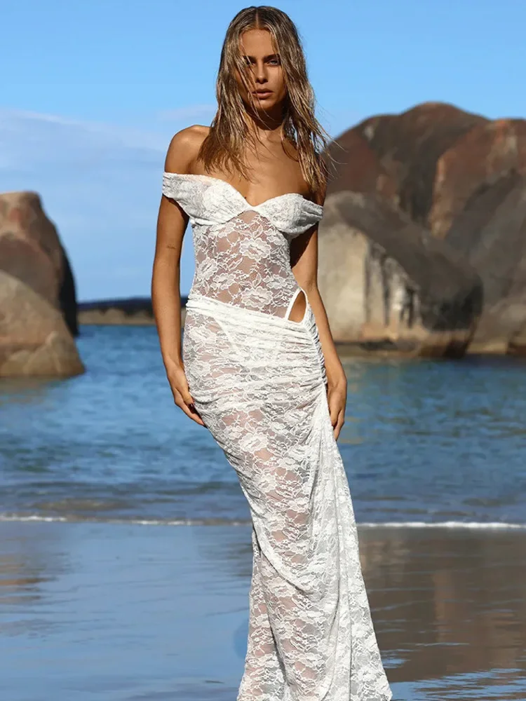 Lace See Through Sexy Two Piece Set Women Elegant Off-shoulder Backless Bodysuit And Maxi Skirt Matching Club Dress Set