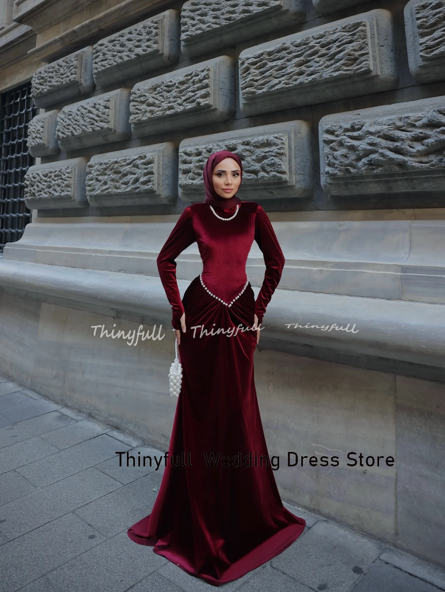 Thinyfull sirena terciopelo musulmán vestidos De graduación mangas completas cuello alto perlas vestidos De fiesta De noche bata De Soirée personalizado