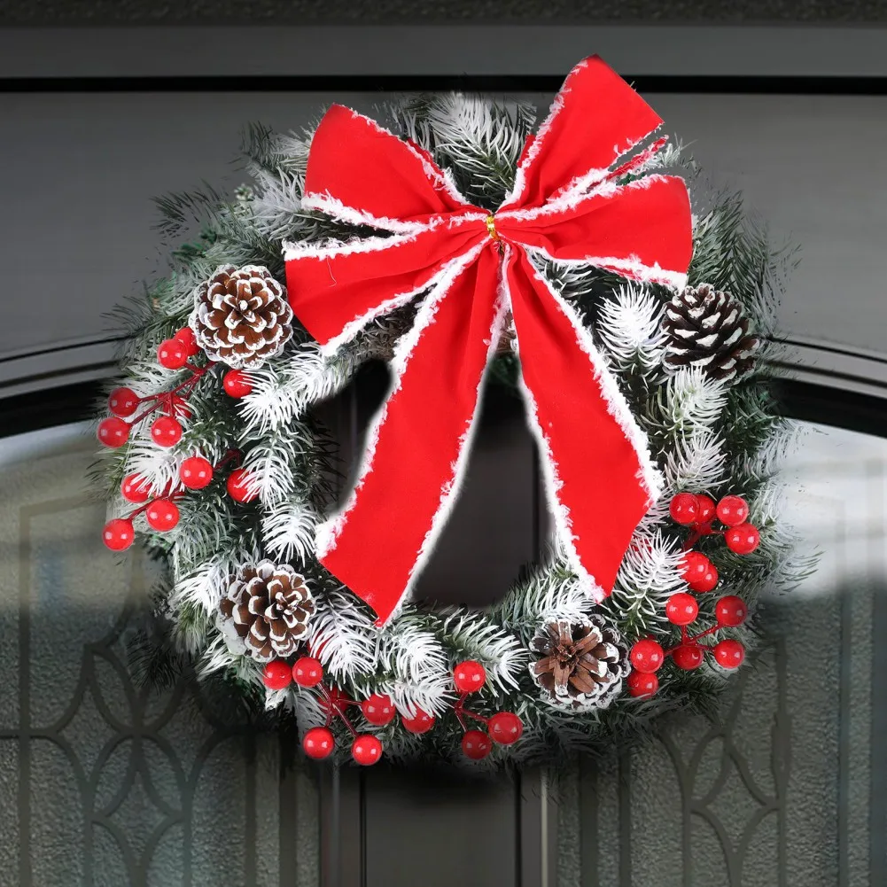 40cm Xmas Wreath Christmas Rattan Red Berry Site Layout Props Simulation Pine Cone Bow Wreath Decoration Door Hanging