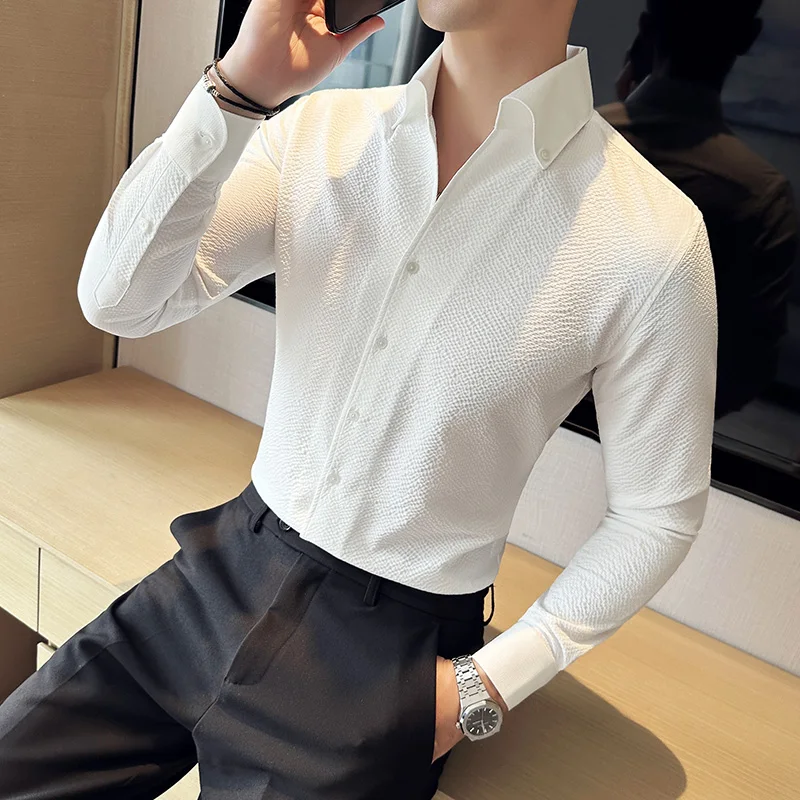 High Quality Workmanship Seersucker Waffle V-neck Shirt Men\'s Long-sleeved Stand Collar Shirt Brand Clothing Luxury Dress Shirt